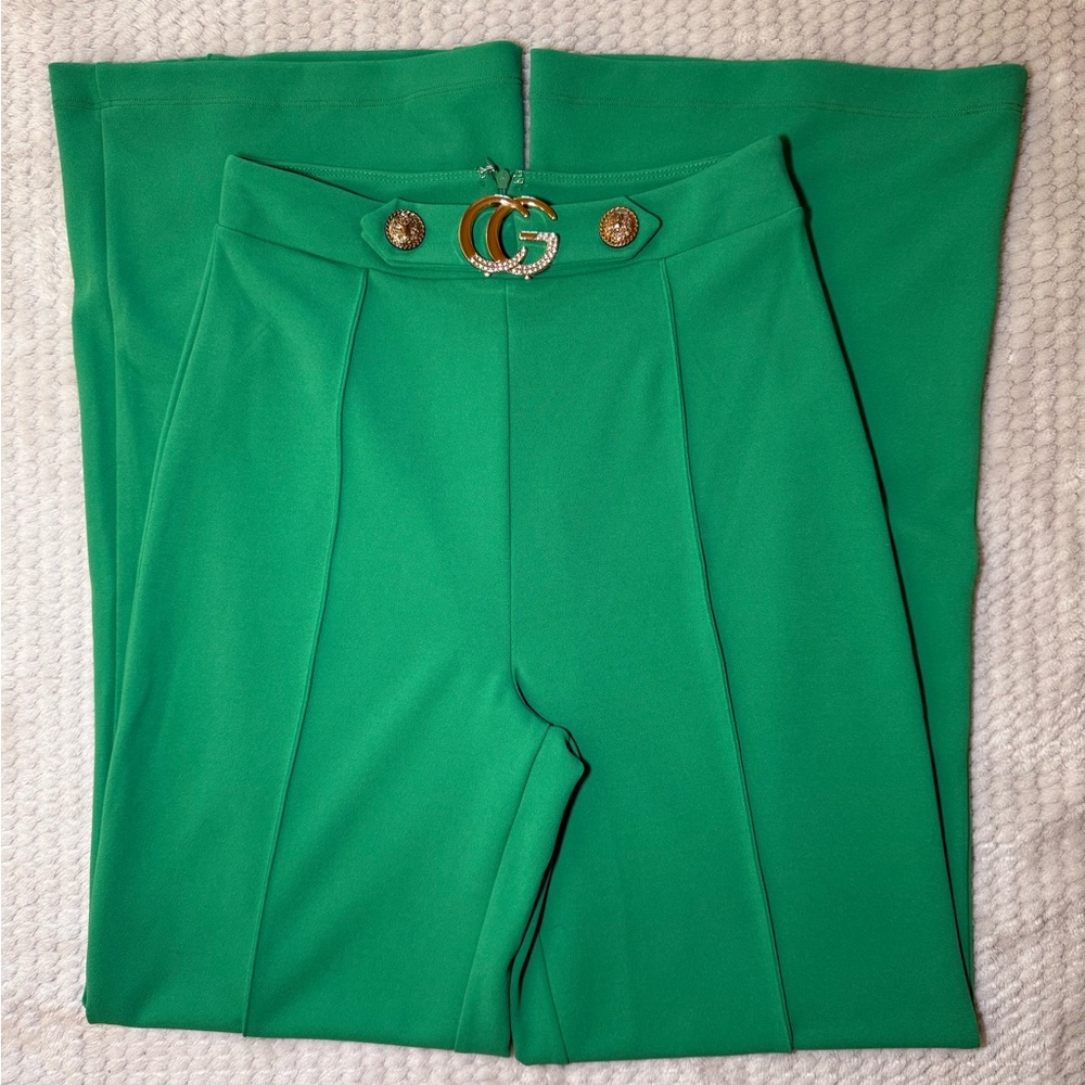 Green High-Waisted Pants with Gold Belt Detail